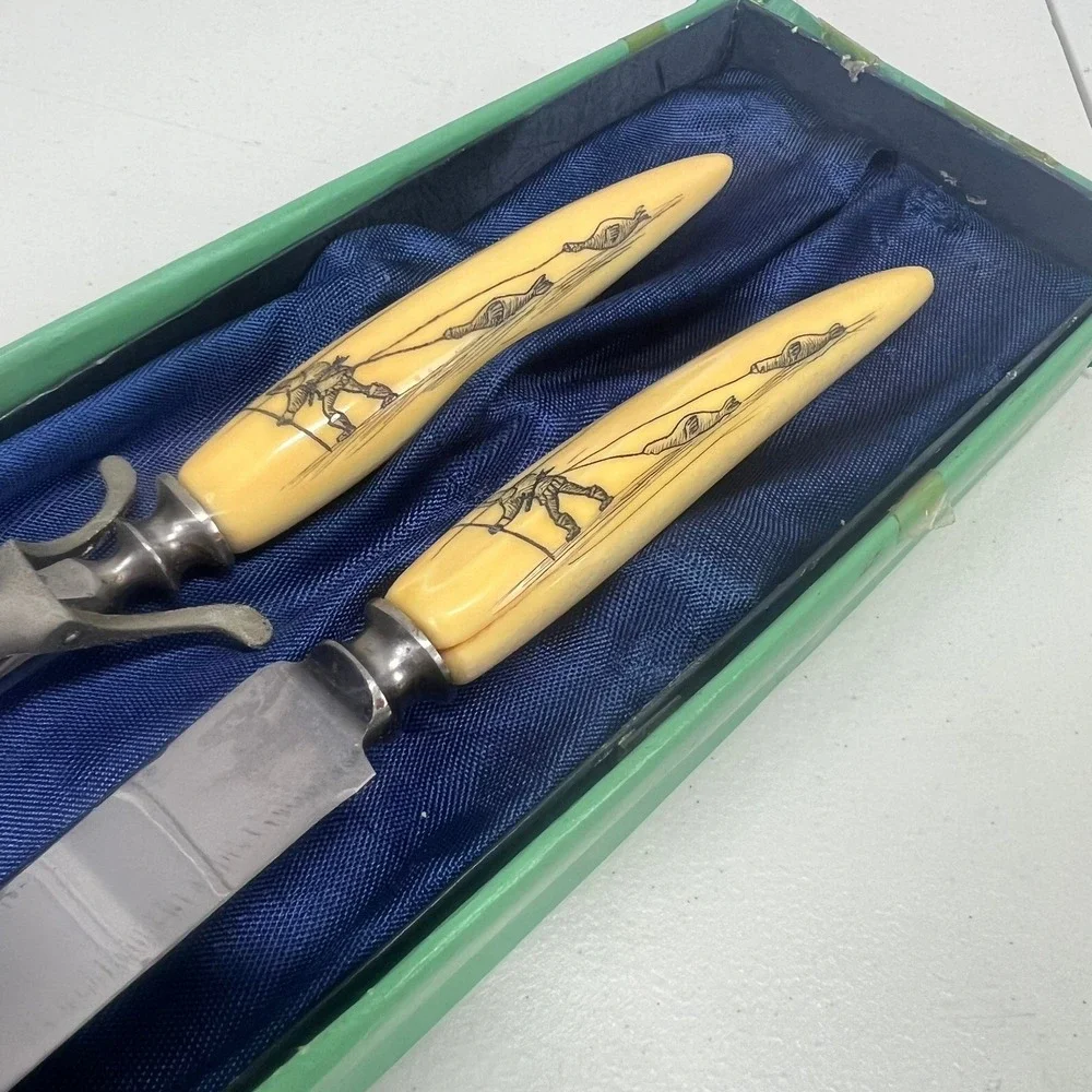 Vintage Howard Weyahok‎ Scrimshaw Carving Set Signed Alaskan Inuit Art 40's 50's